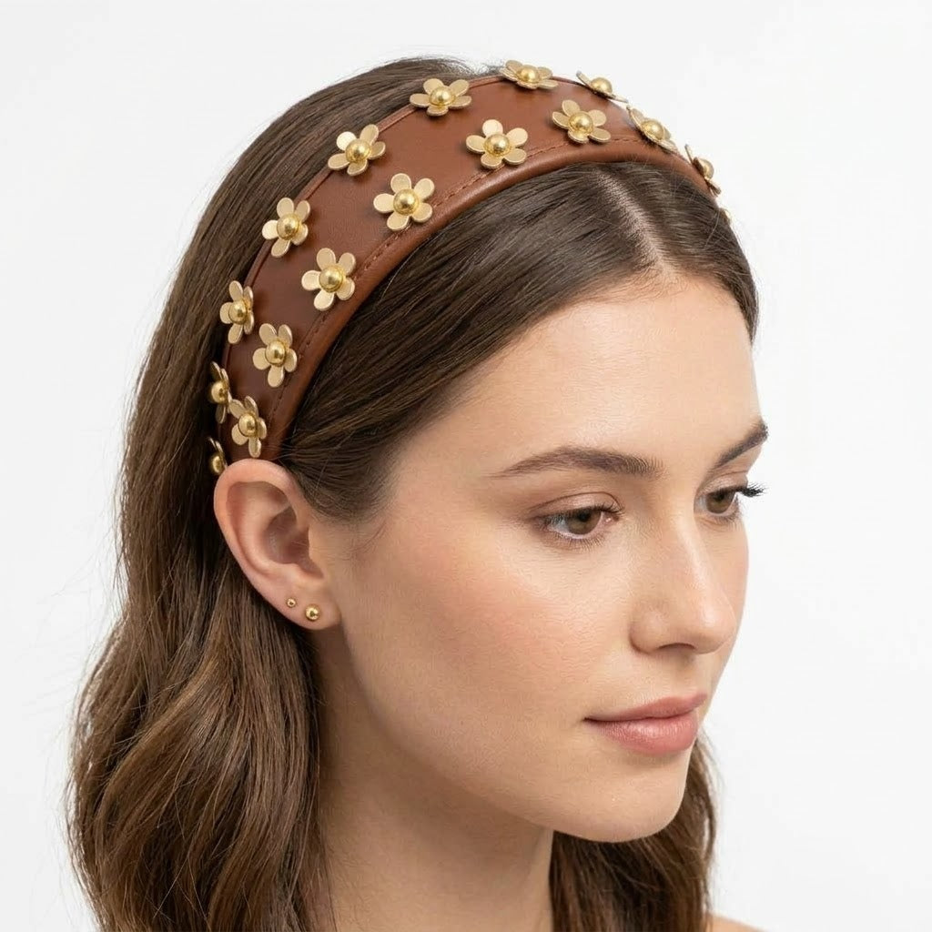 Handmade 3D Flower Studded Faux Leather Headband – Luxury Brown Statement Hairband