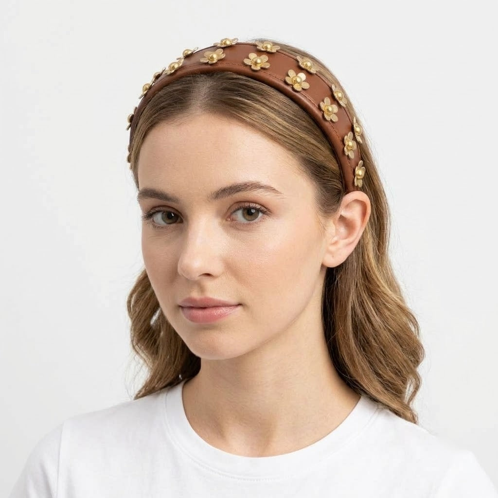 Handmade 3D Flower Studded Faux Leather Headband – Luxury Brown Statement Hairband