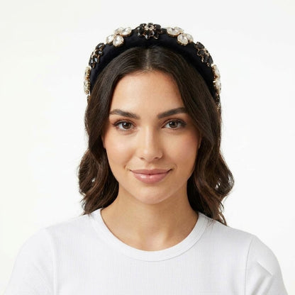 Luxury Black Embellished Padded Headband for Women | Crystal & Stone Studded Hairband | Premium Statement Hair Accessory