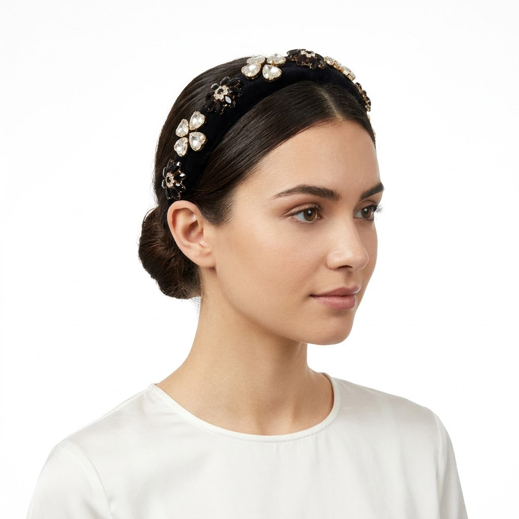 Luxury Black Embellished Padded Headband for Women | Crystal & Stone Studded Hairband | Premium Statement Hair Accessory