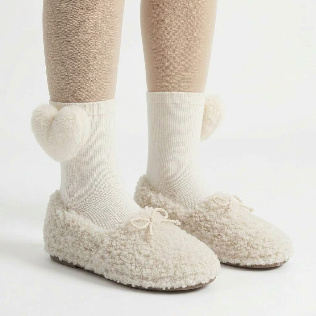 Plush Hearts Mid-Calf Socks for Women – Cute Cozy Calf Length Socks (White & Black)