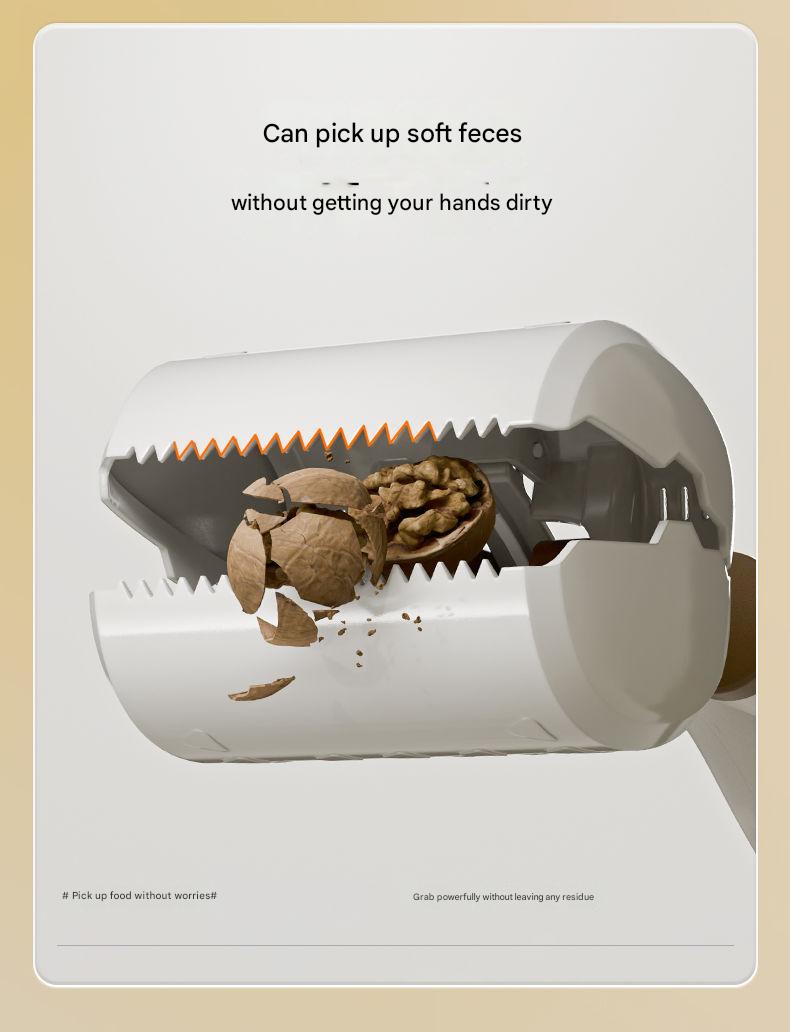 White handheld tool with teeth breaking open a walnut on a beige background
