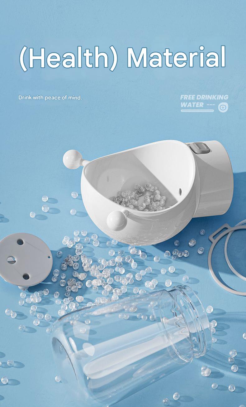White water filter pitcher with water droplets on a blue background