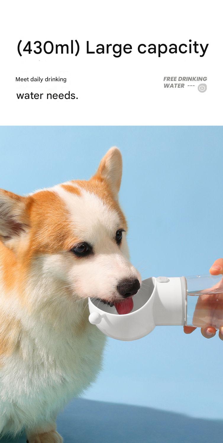 Dog drinking from a white water bottle with text about large capacity and free drinking water.
