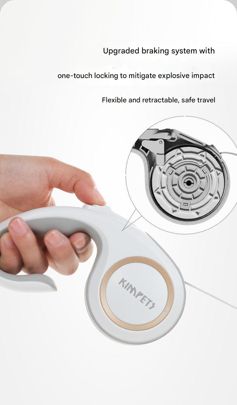 Hand holding a white device with 'KIMPET' branding, featuring an upgraded braking system.