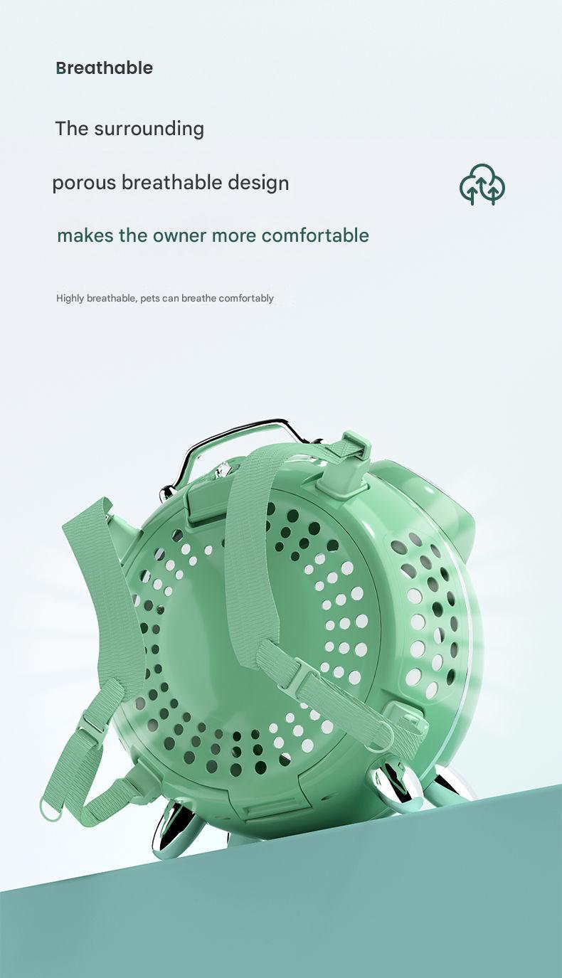 Green pet carrier with text about breathable design on a light gray background