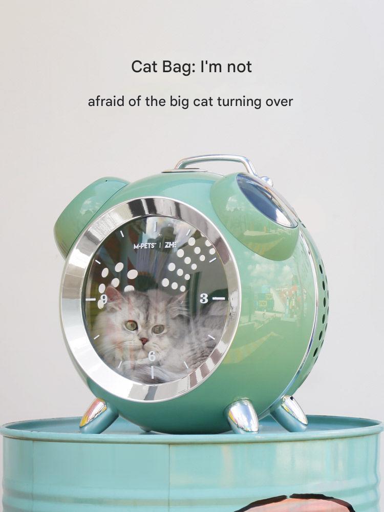 Pet carrier with a cat inside, labeled 'Cat Bag: I'm not afraid of the big cat turning over'.