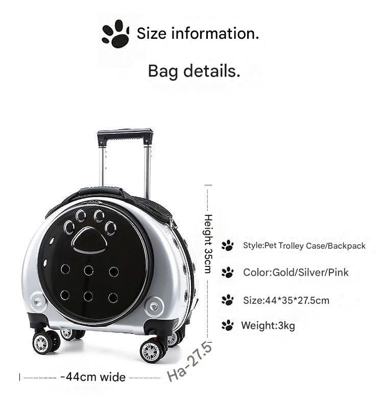 Pet trolley case with dimensions and color options on a white background