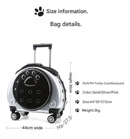 Pet trolley case with dimensions and color options on a white background