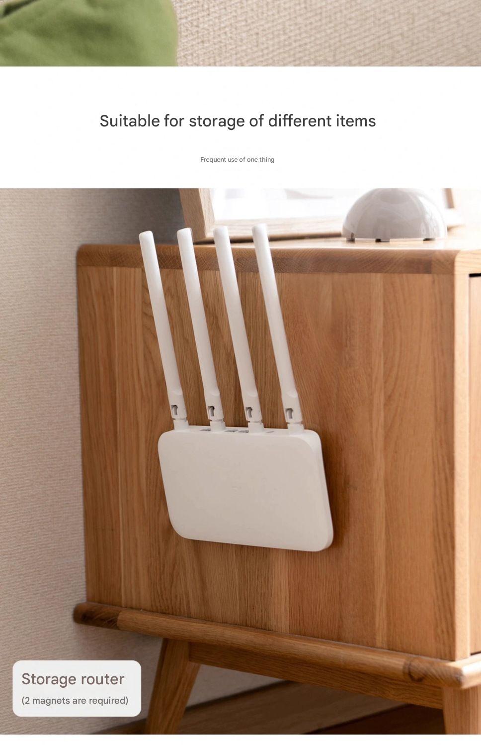 Storage router attached to a wooden surface with text indicating suitability for storing different items.