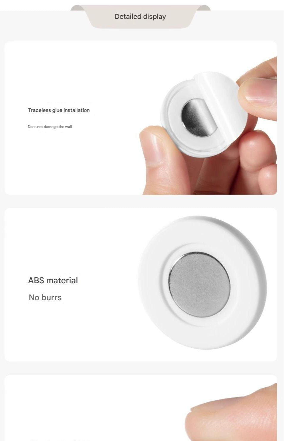 White adhesive patch with gray center held by a hand, labeled 'ABS material' and 'No burrs'.