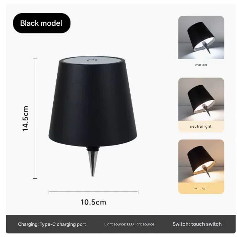 Black outdoor lamp with dimensions as 14.5cm length and 10.5 cm and light color options displayed.