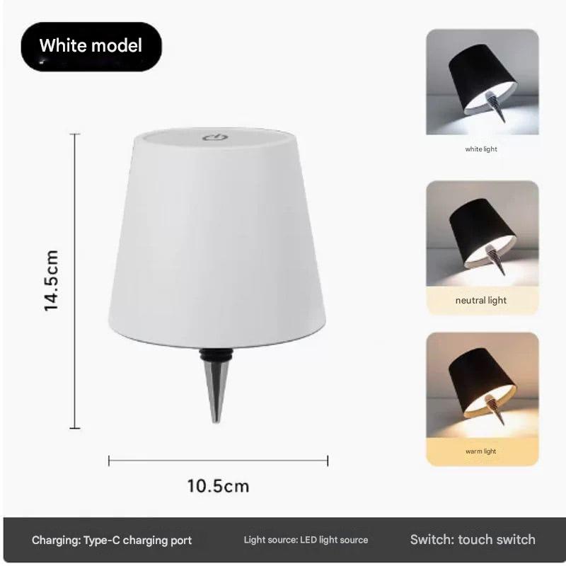 White lamp with dimensions and light color options on a white background
