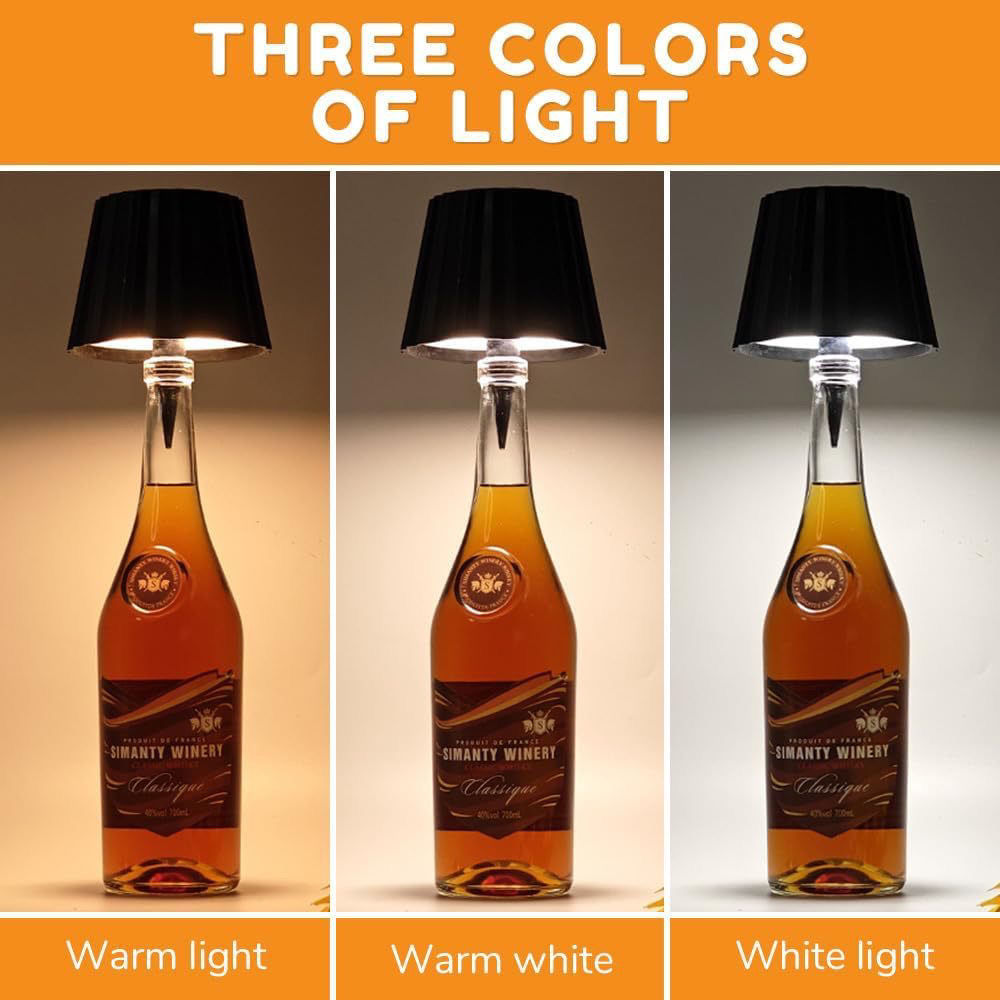 Bottle lamp with black shade showing three light color options as warm light, warm white, white light on a gradient background.