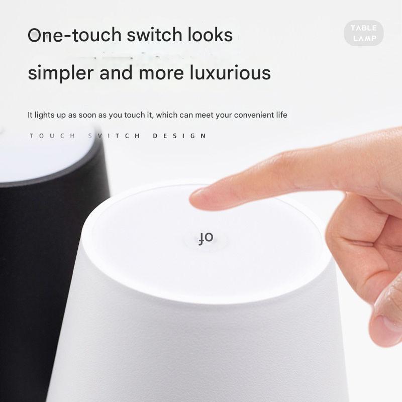 Hand pressing a one-touch switch on a lamp with text describing its features.