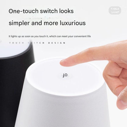 Hand pressing a one-touch switch on a lamp with text describing its features.