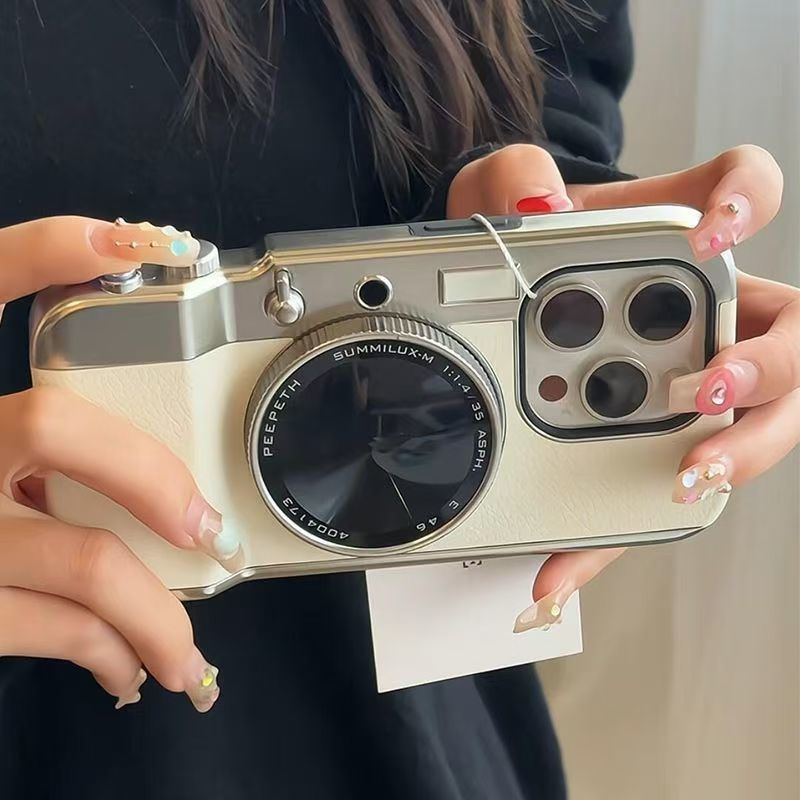 Retro Camera Style Magnetic Wireless Charging Phone Case with Beauty Mirror for iPhone