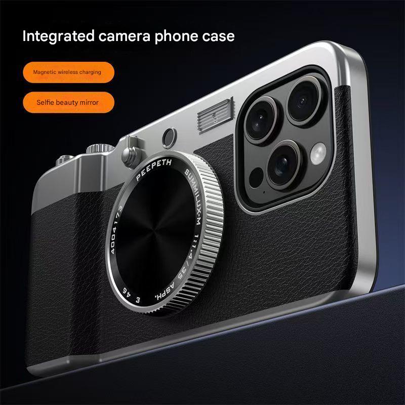 Retro Camera Style Magnetic Wireless Charging Phone Case with Beauty Mirror for iPhone