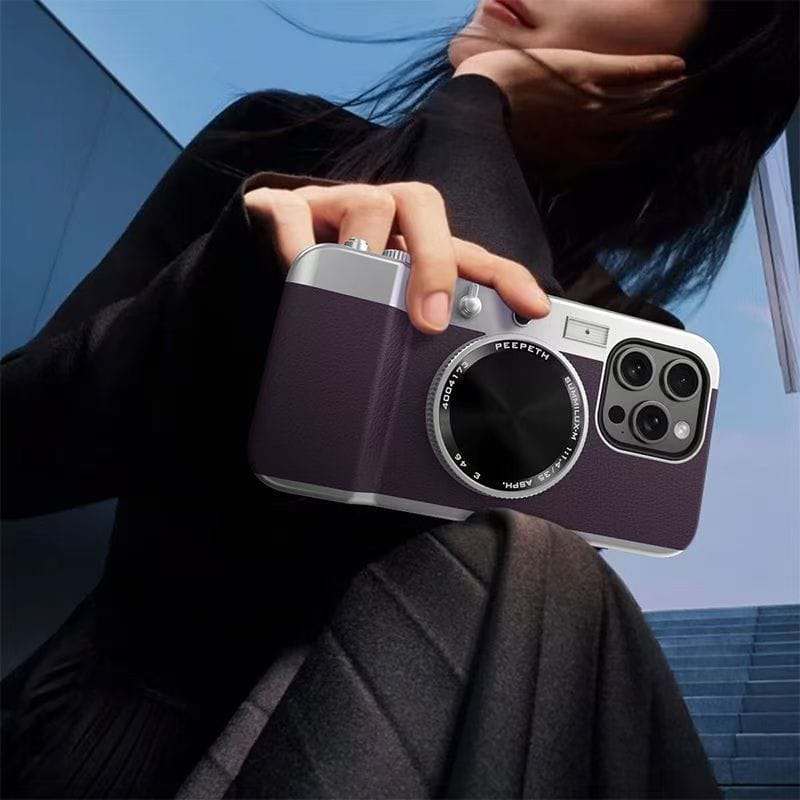 Retro Camera Style Magnetic Wireless Charging Phone Case with Beauty Mirror for iPhone