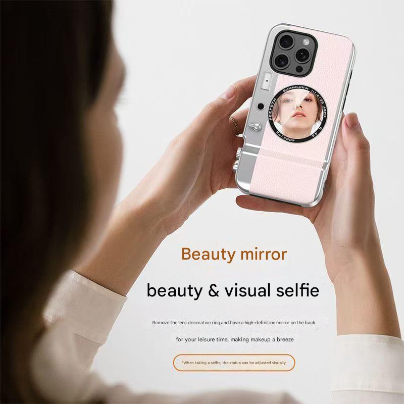 Retro Camera Style Magnetic Wireless Charging Phone Case with Beauty Mirror for iPhone