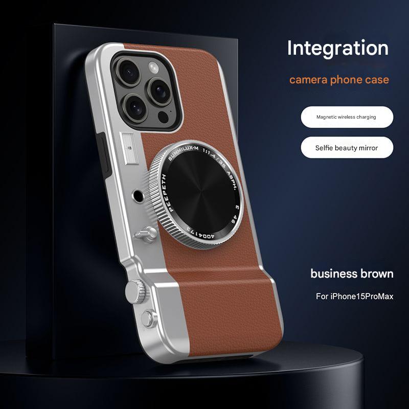 Retro Camera Style Magnetic Wireless Charging Phone Case with Beauty Mirror for iPhone