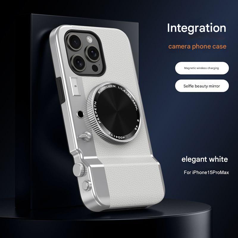 Retro Camera Style Magnetic Wireless Charging Phone Case with Beauty Mirror for iPhone