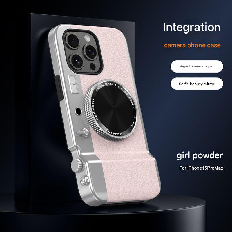 Retro Camera Style Magnetic Wireless Charging Phone Case with Beauty Mirror for iPhone