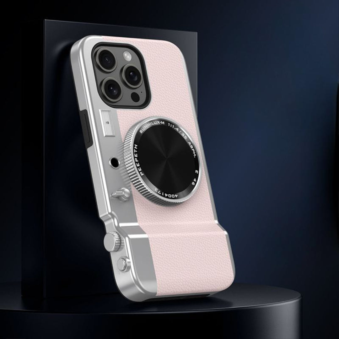 Retro Camera Style Magnetic Wireless Charging Phone Case with Beauty Mirror for iPhone
