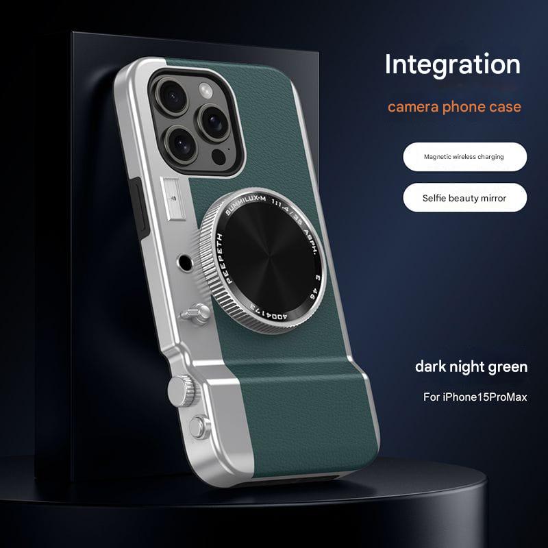 Retro Camera Style Magnetic Wireless Charging Phone Case with Beauty Mirror for iPhone