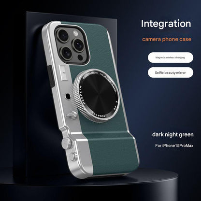 Retro Camera Style Magnetic Wireless Charging Phone Case with Beauty Mirror for iPhone