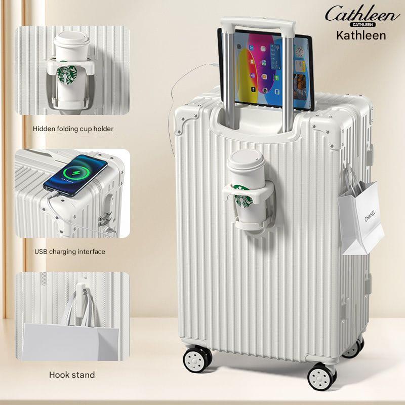 Cabin Bag 20 Inches with USB Port & Cup Holder – Cream White, Black, Lemon Yellow, Sky Blue, Pink | Lightweight ABS+PC Travel Luggage