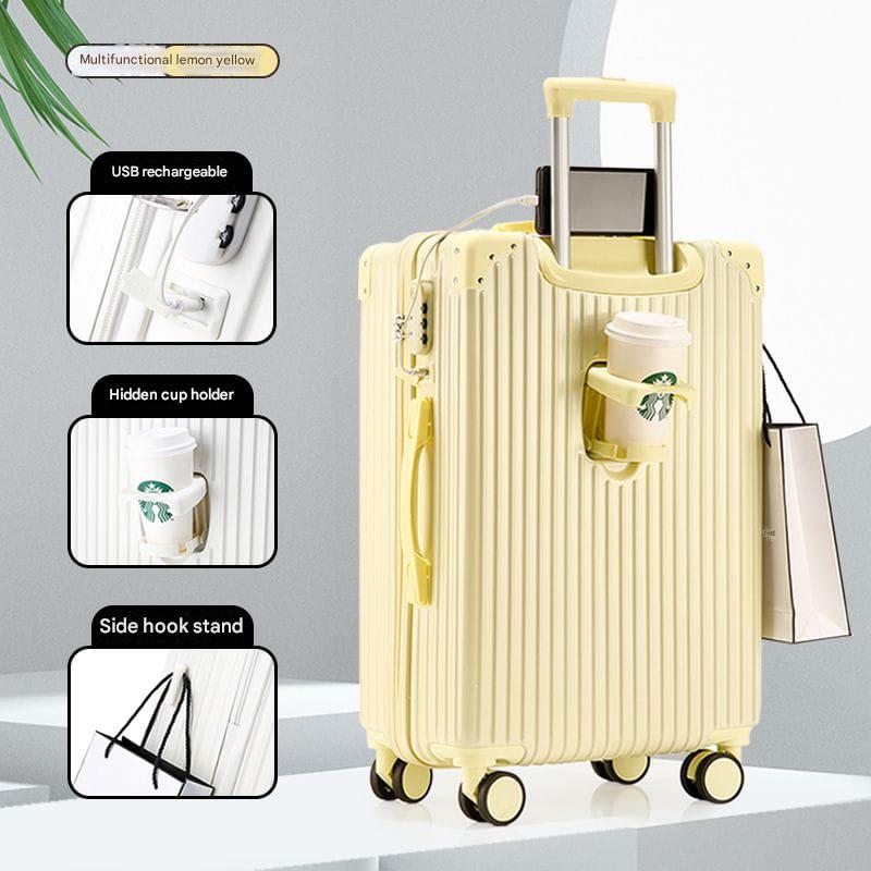 Cabin Bag 20 Inches with USB Port & Cup Holder – Cream White, Black, Lemon Yellow, Sky Blue, Pink | Lightweight ABS+PC Travel Luggage