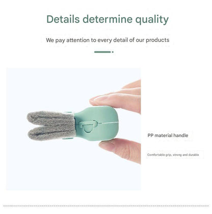Hand holding a small green cleaning tool with text about product quality and material