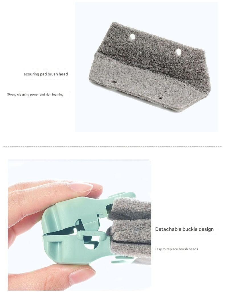 Scouring pad brush head with detachable buckle design held by a hand on a white background.