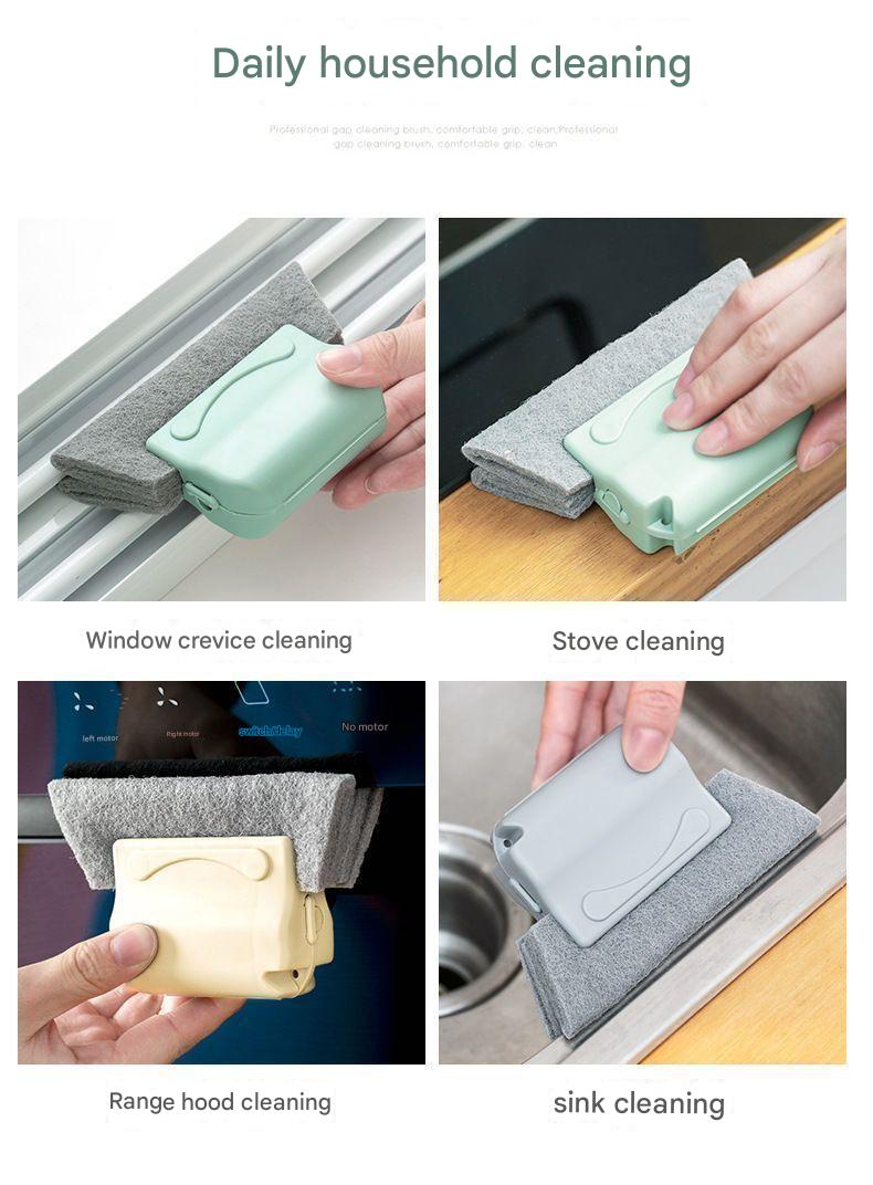 Multifunctional cleaning tool used for window crevice, stove, range hood, and sink cleaning.