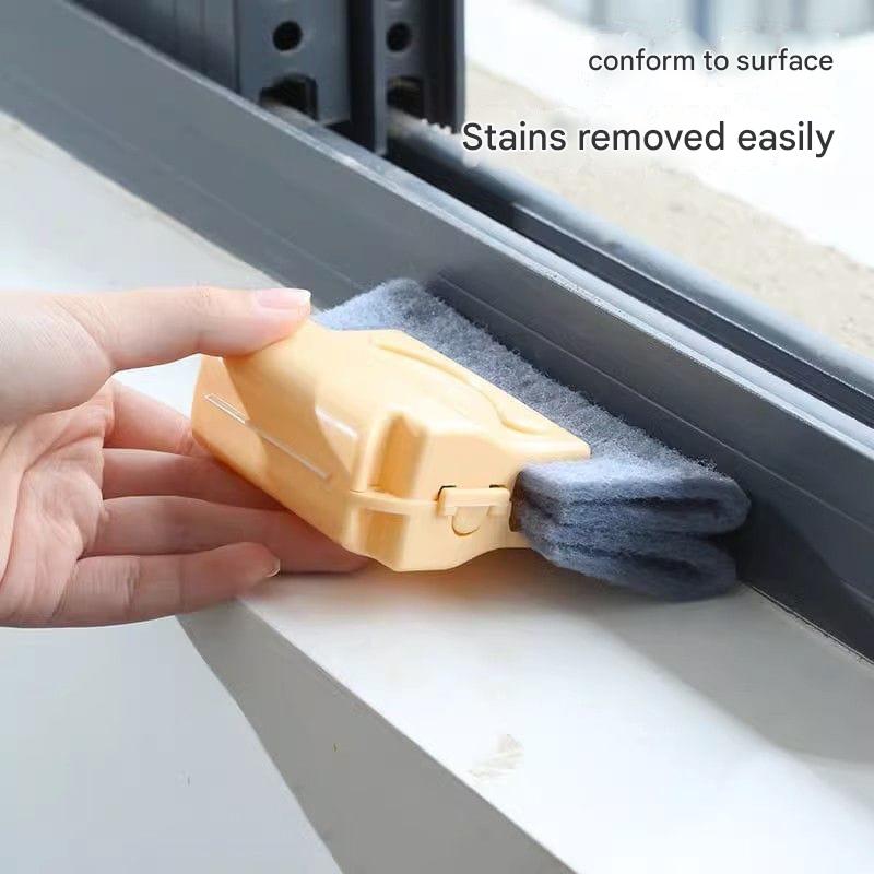 Cleaning tool with a cloth conforming to a surface, with text 'conform to surface' and 'Stains removed easily'.