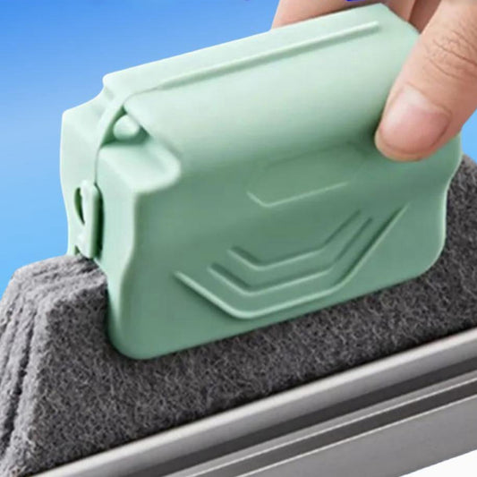 Green window cleaning tool being used on a window seal with text 'The window seams are clean'.