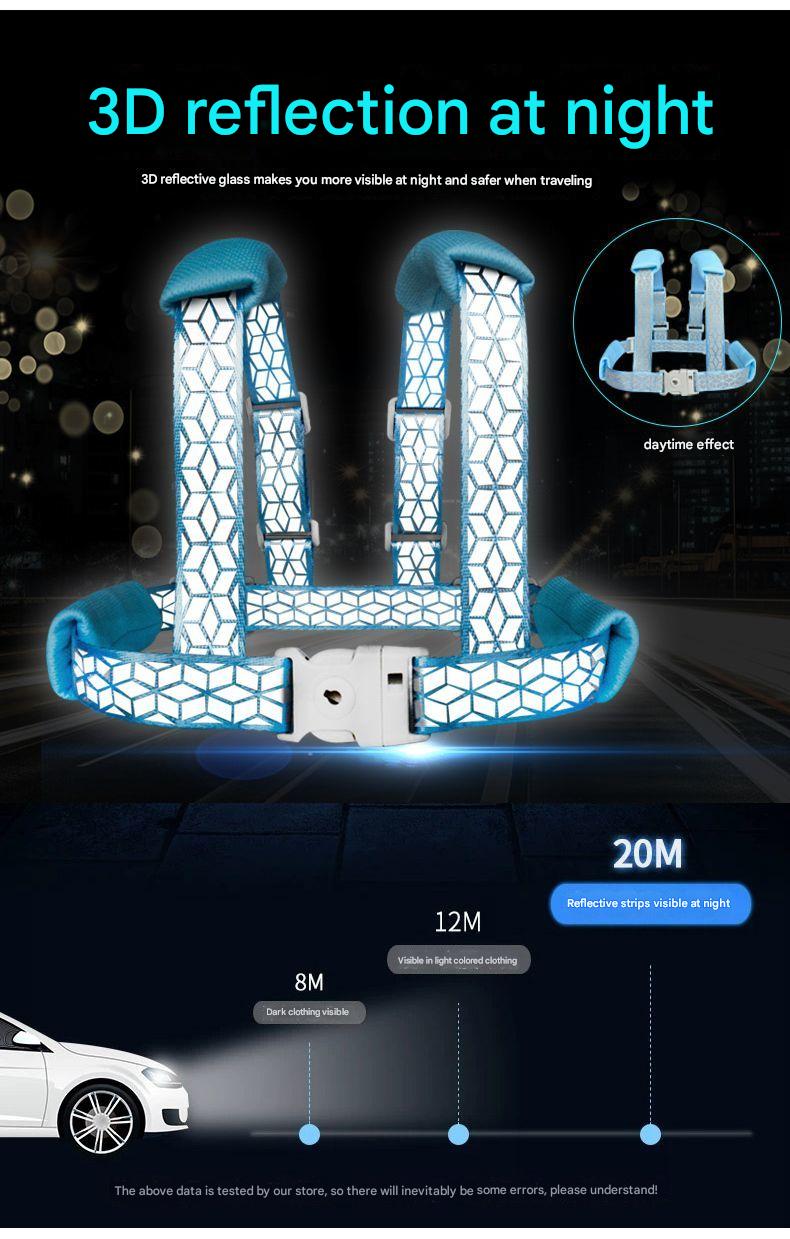 Reflective safety belt with 3D reflection at night feature, showing daytime and nighttime effects.