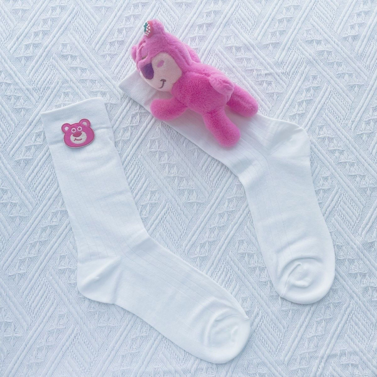 Strawberry Bear Doll Plush Socks – Cute Kawaii Fashion Socks (Mid Tube & Calf Length, White & Black Variants)