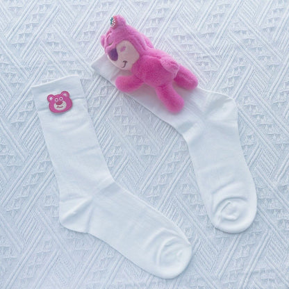 Strawberry Bear Doll Plush Socks – Cute Kawaii Fashion Socks (Mid Tube & Calf Length, White & Black Variants)