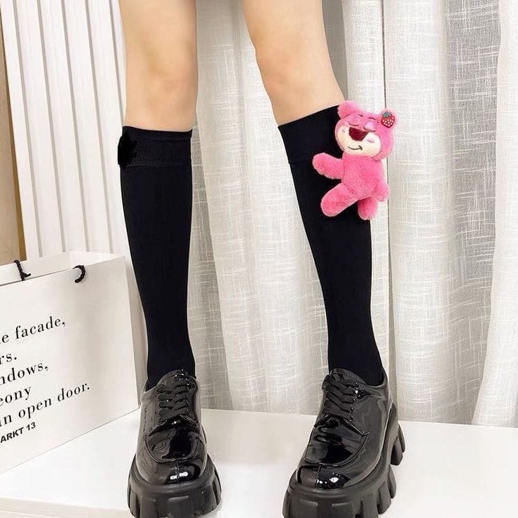 Strawberry Bear Doll Plush Socks – Cute Kawaii Fashion Socks (Mid Tube & Calf Length, White & Black Variants)