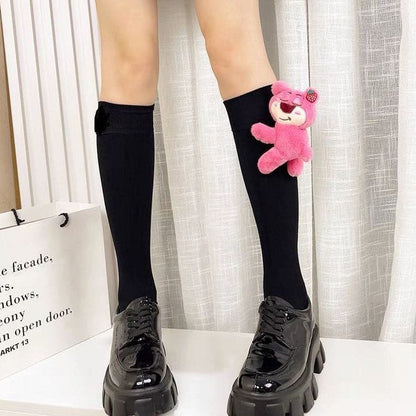 Strawberry Bear Doll Plush Socks – Cute Kawaii Fashion Socks (Mid Tube & Calf Length, White & Black Variants)