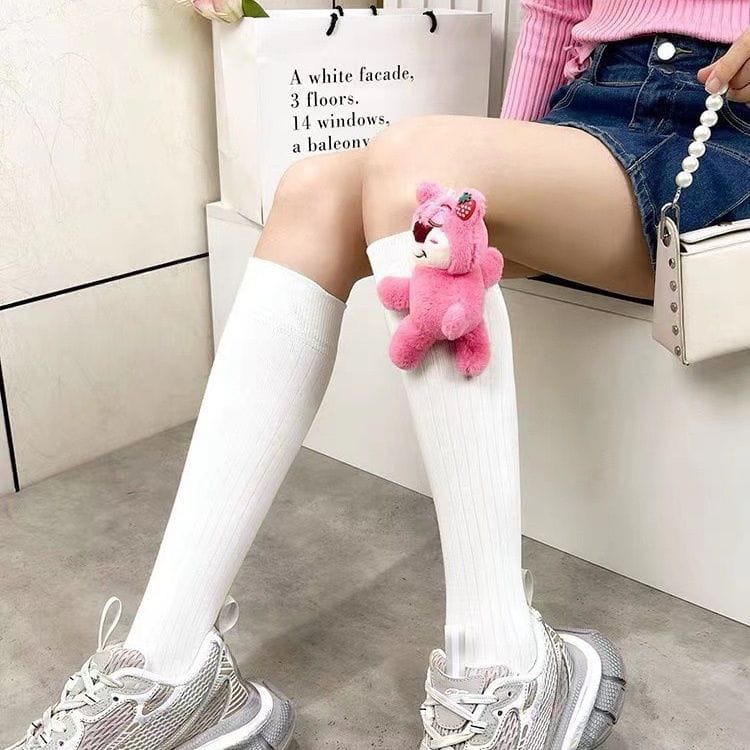 Strawberry Bear Doll Plush Socks – Cute Kawaii Fashion Socks (Mid Tube & Calf Length, White & Black Variants)