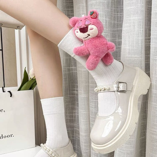 Strawberry Bear Doll Plush Socks – Cute Kawaii Fashion Socks (Mid Tube & Calf Length, White & Black Variants)