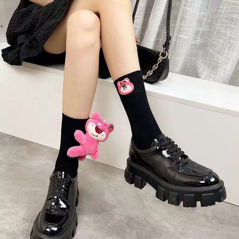 Strawberry Bear Doll Plush Socks – Cute Kawaii Fashion Socks (Mid Tube & Calf Length, White & Black Variants)