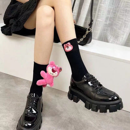 Strawberry Bear Doll Plush Socks – Cute Kawaii Fashion Socks (Mid Tube & Calf Length, White & Black Variants)