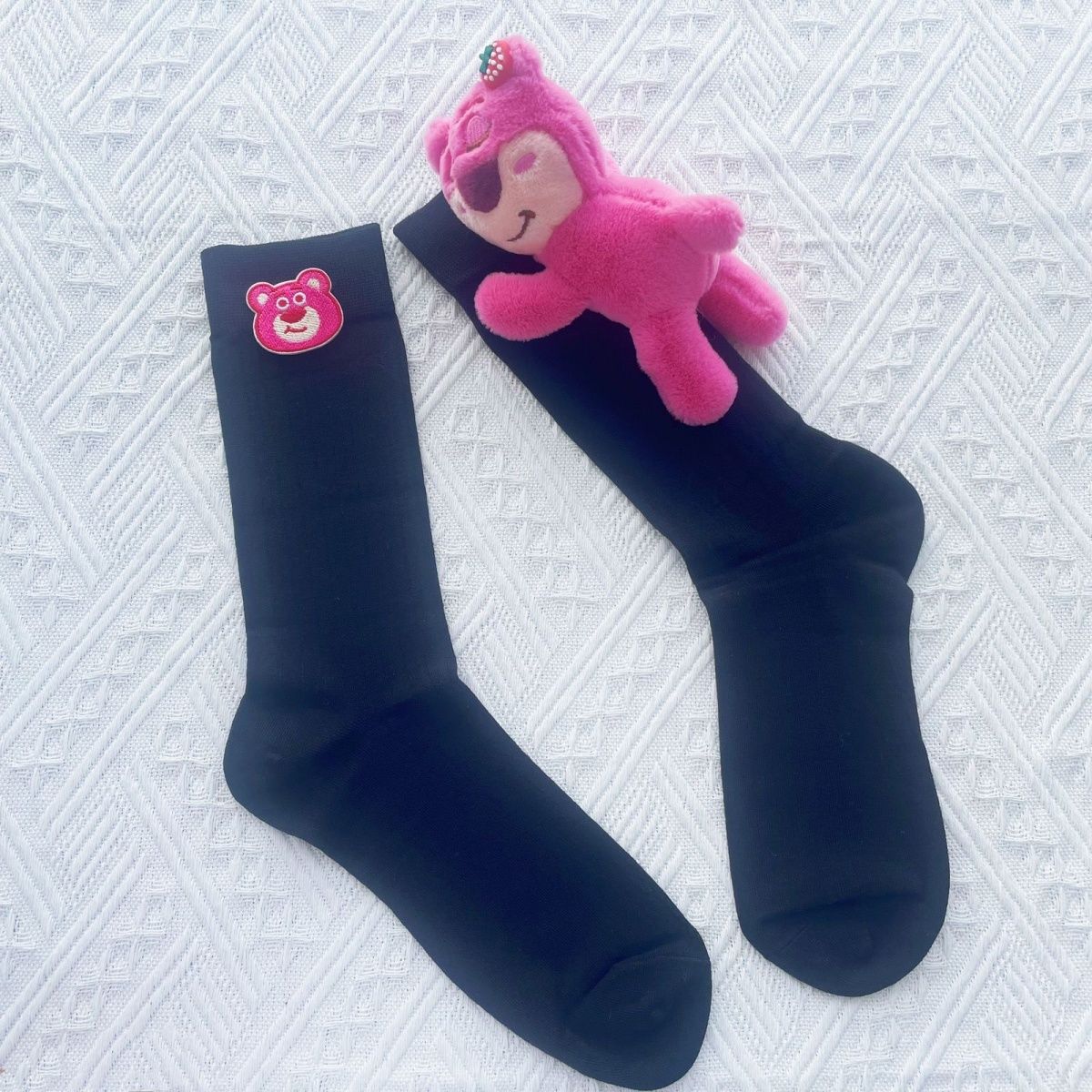 Strawberry Bear Doll Plush Socks – Cute Kawaii Fashion Socks (Mid Tube & Calf Length, White & Black Variants)