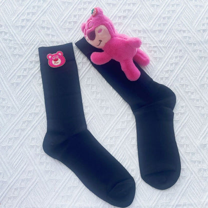 Strawberry Bear Doll Plush Socks – Cute Kawaii Fashion Socks (Mid Tube & Calf Length, White & Black Variants)