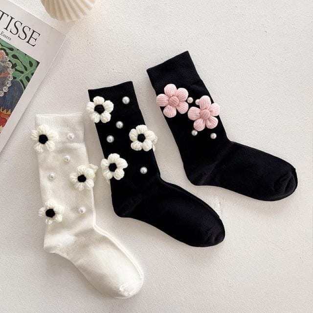 Pearl Flower Calf Socks for Women – White & Black | Cute Embroidered Socks with Pearls