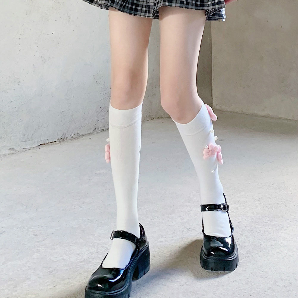 Pearl Flower Calf Socks for Women – White & Black | Cute Embroidered Socks with Pearls